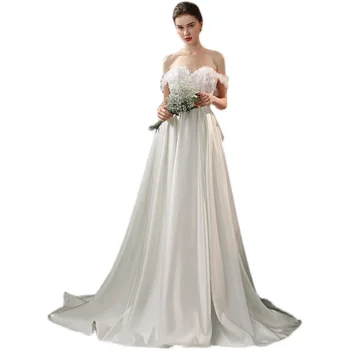 POMUSE Простое белое свадебное платье с открытыми плечами Атласное свадебное платье невесты на заказ Vestido De Novia для женщин