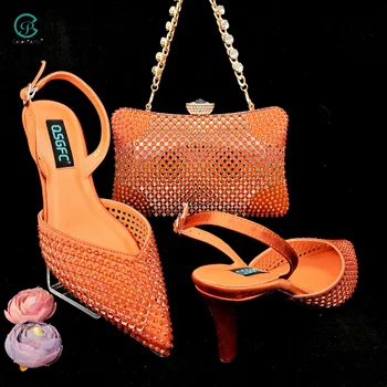 QSGFC2023Оранжевый нигерийский дизайн моды женские сандалии сумка набор бриллиант блестящая брачная вечеринка полые женские высокие каблуки