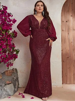 S-7xl V-образный вырез с длинными рукавами и открытой спиной бордовый с пайетками и длинными рукавами вечернее платье больших размеров роскошное банкетное вечернее платье для женщин