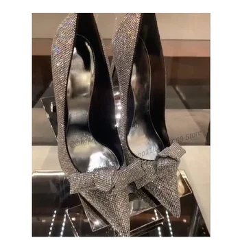 Silver Crystal Knot Decor Туфли Элегантные туфли на шпильке Чехол на высоком каблуке Каблук Женская обувь Slip-On Остроконечный носок 2023 Zapatos Para Mujere