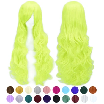 Soowee 80 см Длинный Флуоресцентный Зеленый Волнистый Синтетические Волосы Косплей Парик С Челкой Красочные Хэллоуин Костюм Парики Для Женщин