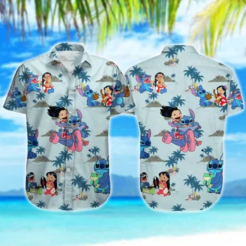 Stitch and Lilo Surf Гавайская рубашка для мужчин Disney Гавайская рубашка Повседневная летняя стежок Мужская женская рубашка с коротким рукавом и пуговицами