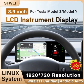 STWEI ЖК-дисплей цифровых приборов для Tesla Model 3 / Y Беспроводная CarPlay Android Auto Heads-up Неразрушающая установка