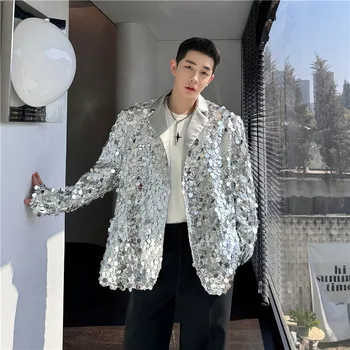 SYUHGFA Мужская одежда Tide Корейская личность Big Sequin Casual Suit Coat 2024 Осень Новые шикарные свободные блейзеры с длинным рукавом