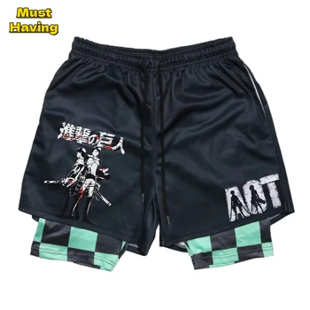 Аниме Атака Титана 2 в 1 Спортивные шорты для мужчин Быстросохнущие эластичные шорты Мужские летние фитнес-тренировки Бег трусцой Короткие штаны
