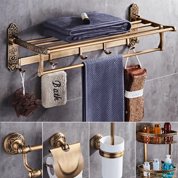 Антикварный бронзовый резной набор аксессуаров для ванной комнаты Алюминиевые наборы оборудования для ванны Вешалка для полотенец, держатель для бумаги Держатель для туалетной щетки