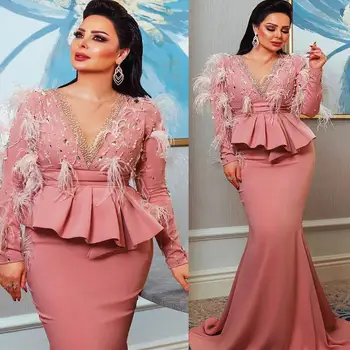Арабский Aso Ebi пыльный розовый русалка выпускные платья с длинным рукавом перо из бисера кристаллы вечерний прием день рождения помолвка платье