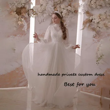 Белый шифон Свадебные платья Кружевное платье невесты с длинным рукавом и высоким воротником Платье невесты со шлейфом Простые гражданские свадебные платья 2024