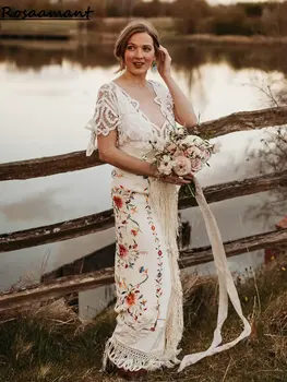 Богемный V-образный вырез Цветочная вышивка Русалка Свадебные платья Кисточки Аппликации Кружева Свадебные платья
