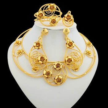 Бразильский свадебный набор ювелирных изделий для женщин 18-каратное золотое ожерелье и серьги-кольца Африканский Дубай Позолоченные ювелирные подарки