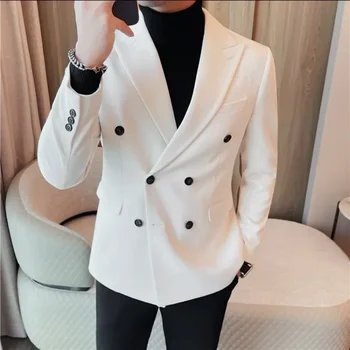 Британский стиль двубортные мужские пиджаки твердые тонкие повседневные деловые костюмные куртки офис социальный свадебный платье пальто мужская одежда