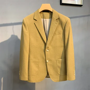 Британский стиль полосатый повседневный пиджак пиджаки мужские 2023 вафельные приталенные деловые пиджаки пальто Homme Формальный социальный выпускной смокинг