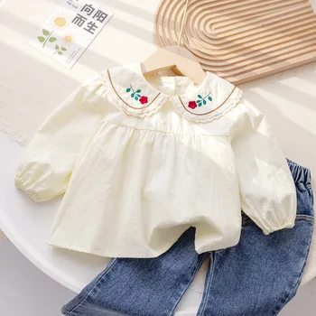 Весна и осень для девочек Новая корейская рубашка 2023 Весеннее платье Маленькая рубашка с вышивкой Детский топ белая блузка