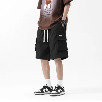Военные прямые шорты Сплошной цвет Японский шнурок Свободные мужские летние повседневные Универсальная уличная мода