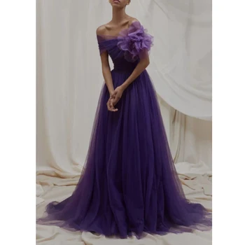 Выпускное платье для женщин Фиолетовый тюль Длина до пола с плеча Цветок Elegtant Официальное мероприятие Вечерние платья на заказ