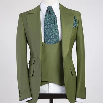 Высококачественный мужской костюм оливково-зеленый 3 шт. Slim Fit Prom Tuxedos Свадебные женихи Куртка Жилет Брюки Trajes Elegante Para Hombres