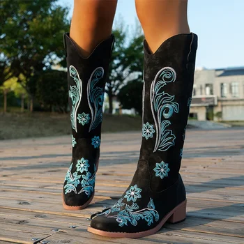 вышивка Женщины Челси Гольф Высокие сапоги Средние каблуки Зимняя обувь Квадратный носок Мода Женщины 2024 Дизайнер Новые западные сапоги Mujer