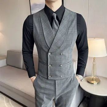 Двубортный серый клетчатый жилет мужской костюм комплект с полосатым жилетом деловой костюм 5475