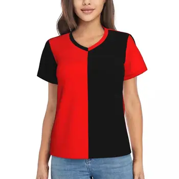 Двухцветные футболки Красный и черный V-образный вырез Уличная футболка оверсайз Футболка с коротким рукавом Женщины Y2K Крутая футболка Летний дизайн одежды