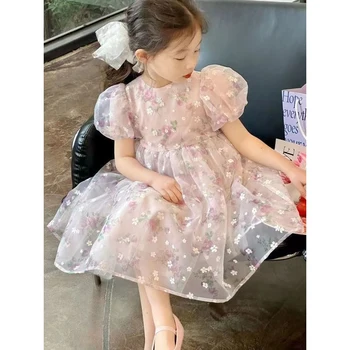 Девочки Летняя пасторальная цветочная принцесса хлопковая юбка с коротким рукавом Мода Детский наряд Детская одежда Детское платье 2-8 лет
