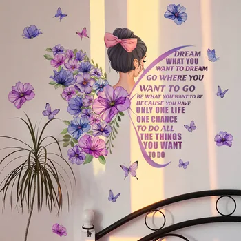  девушка цветочные крылья бабочки настенные наклейки самоклеящиеся съемные виниловые пвх домашний декор для гостиной спальни