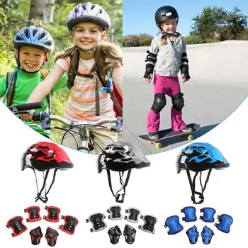 Детский велосипедный шлем и колодки Набор 7 шт. Велосипедный шлем для мальчиков и девочек Универсальные накладки на колени и локти для запястий Защита для скейтбординга