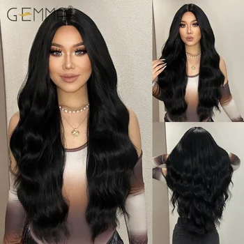 Длинный волнистый черный парик из натуральных волос Синтетические парики средней части для чернокожих женщин Термостойкий парик для косплея на воде