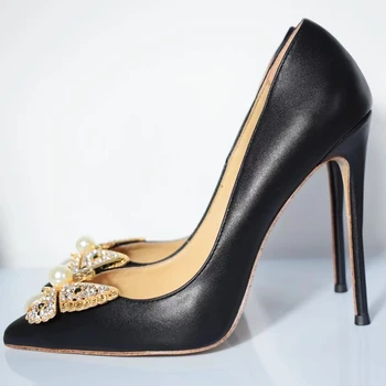 Дорис Фанни Бабочка Пряжка Острый Носок Черный Кожаный Шпилька Высокий Каблук Свадебная Вечеринка Обувь Для Женщин