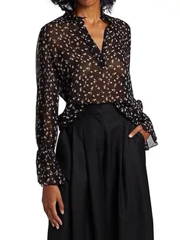Женская блузка с цветочным принтом Легкая полупрозрачная элегантная рубашка с расклешенным рукавом с V-образным вырезом