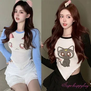Женская футболка с мультяшным принтом Корейская версия Контрастный нерегулярный тонкий сладкий топ