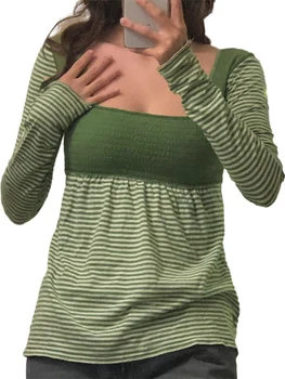 Женские осенние повседневные топы в стиле пэчворк с длинным рукавом и квадратным вырезом в полосатую полосатую футболку