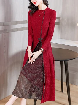 Женское красное вязаное длинное платье в стиле пэчворк осень-зима с длинным рукавом элегантное облегающее платье выпускного вечера 2023 корейский винтаж роскошные vestidos