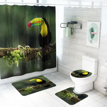  Животное Попугай Дятел Занавеска для душа Водонепроницаемые шторы из полиэстера 3D Затемнение Коврики для ванной Наборы Крышка для унитаза Набор ковриков для ванны