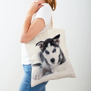 Забавная сибирская хаски собака леди сумки для покупок сумка многоразовая двойная печать милый домашний животный повседневная холщовая сумка для женщин сумка для покупок