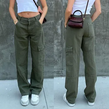зеленый Винтажные мешковатые джинсы 90-х годов Женские карманы Широкие брюки-карго Женские уличные