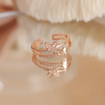 Изысканное кольцо-бабочка из циркона с двойным открытием для женщин Модные ювелирные изделия Новые роскошные аксессуары для свадебной вечеринки