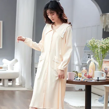 кардиган ночная рубашка пижама леди весна осень с длинным рукавом ночная рубашка свободные женщины принцесса ночные рубашки удобная домашняя одежда