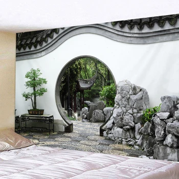 Китайский природный пейзаж Гобелен Хиппи Настенный Висячий Ретро Стиль 3D Арка Дверь Гобелены Эстетический Декор Комнаты Фон Потолок