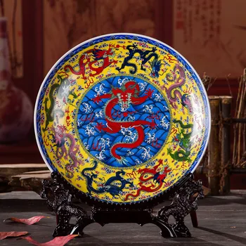 Китайский стиль Новый стиль Коулун Декоративная тарелка Керамическое искусство Декоративные висячие украшения Деревянная основа Свадебный подарок