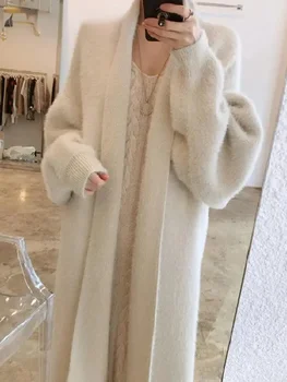 корейский однотонный длинный женский кашемировый кардиган пальто сладкий пушистый свитер с длинным рукавом зимний теплый свободный женский миди трикотажная одежда