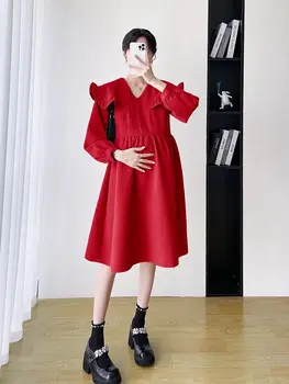 корейский стиль осень беременная женщина платье большой питер пэн воротник длинный seeve свободное платье для беременных а-силуэта для беременных платье для беременных красный