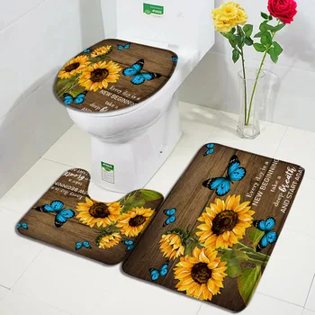 коричневая деревянная доска подсолнух коврик для ванны набор синяя бабочка желтые цветы растение современный декор ванной комнаты нескользящий коврик крышка унитаза