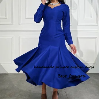 Королевский синий атлас русалка вечерние платья с длинным рукавом V-образным вырезом Дубай арабское вечернее платье выпускного вечера чайная длина вечерние платья