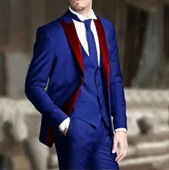 Королевский синий Мужчины Смокинги Жених Свадебные Костюмы Красный Зубчатый Лацкан Лучший Мужчина Носить Slim Fit Prom Party Blazer Long (Пиджак + Жилет + Брюки)