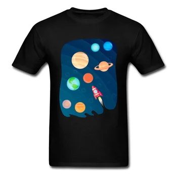 Космическая пена 2018 Совершенно новая мужская черная футболка Ракета Солнечная система Земля Мультяшный дизайн Топ Хлопковая футболка