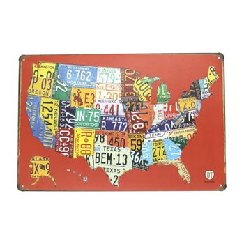 Красный Карта США Дорога 66 Номерной знак Металл Жестяной знак Плакат Гараж Бар Дом Металл Винтажная табличка Настенный декор