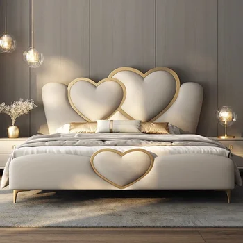 Кровать Высококачественная атмосферная кожаная кровать Главная спальня Легкая роскошная современная двуспальная кровать Дизайнерская модель Итальянская минималистичная кровать