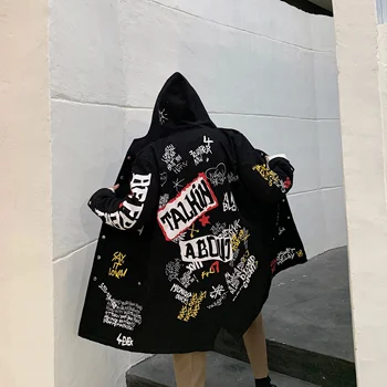 Куртка с буквенным принтом для мужчин Граффити Тренч Хип-хоп одежда Подросток осень Модный тренд harajuku уличная одежда Длинная ветровка