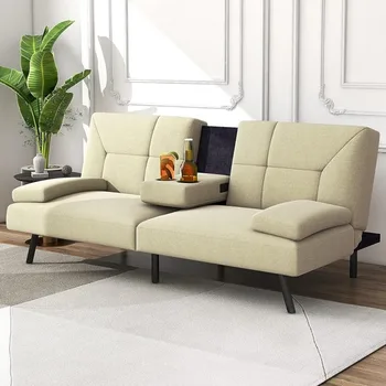 Ленивый диван-кровать Современный льняной ткань Трансформируемый складной диван для гостиной Кушетка для гостиной с 2 подстаканниками Двуспальная мебель