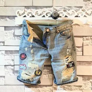 летние мужские джинсовые шорты с печатью букв повседневные дыры вышивка этикетка средние 5-точечные джинсовые брюки мужские модные шорты